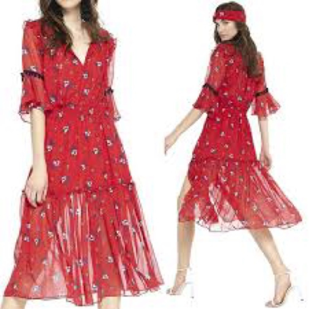 MISA LOS ANGELES Raquel Red Floral Midi Dress XS